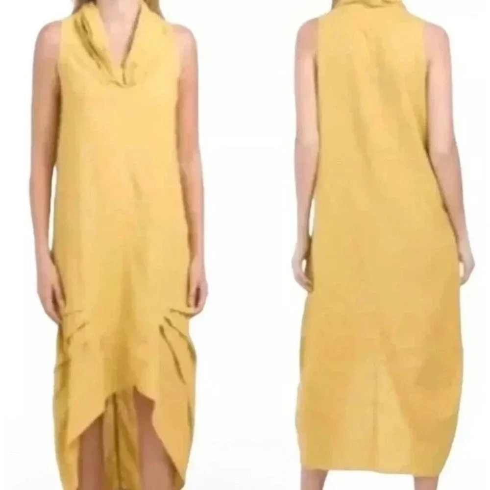 For Cynthia Linen Blend Cowl Neck Midi Dress Women's Medium Mustard Lagenlook - Picture 3 of 10